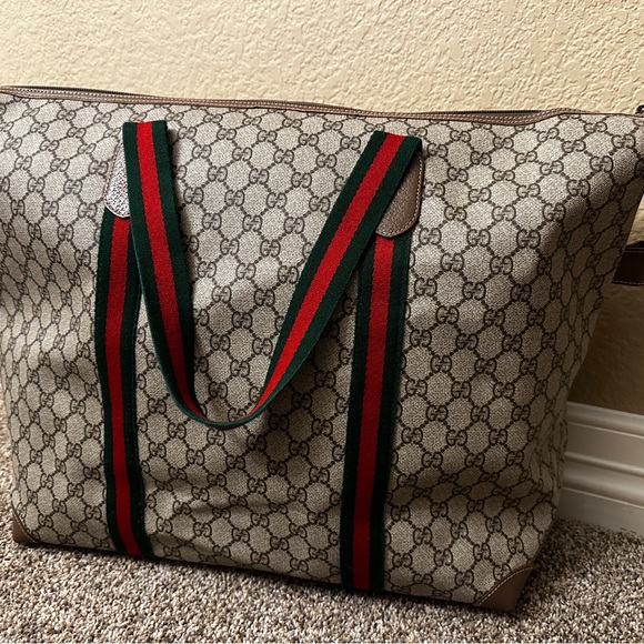 LARGE VINTAGE GUCCI WEB SHERRY LINE GG TOTE, Ophidia, Classic Green & Red - Picture 2 of 10